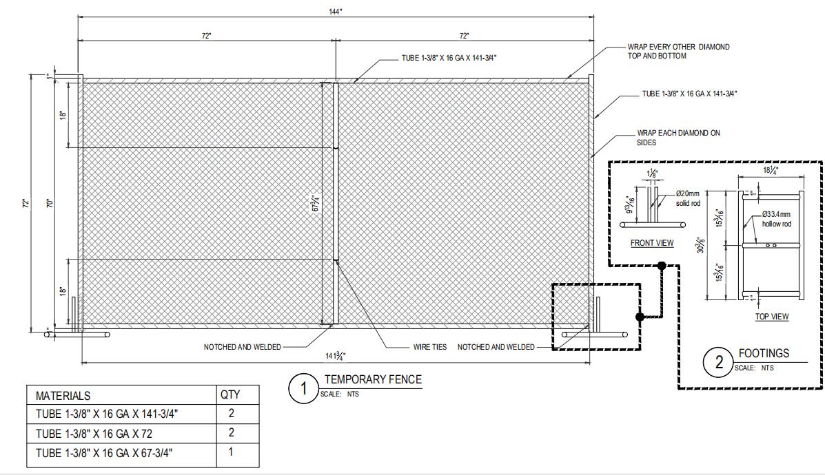 6ft x 12ft temporary chain link fence drawing