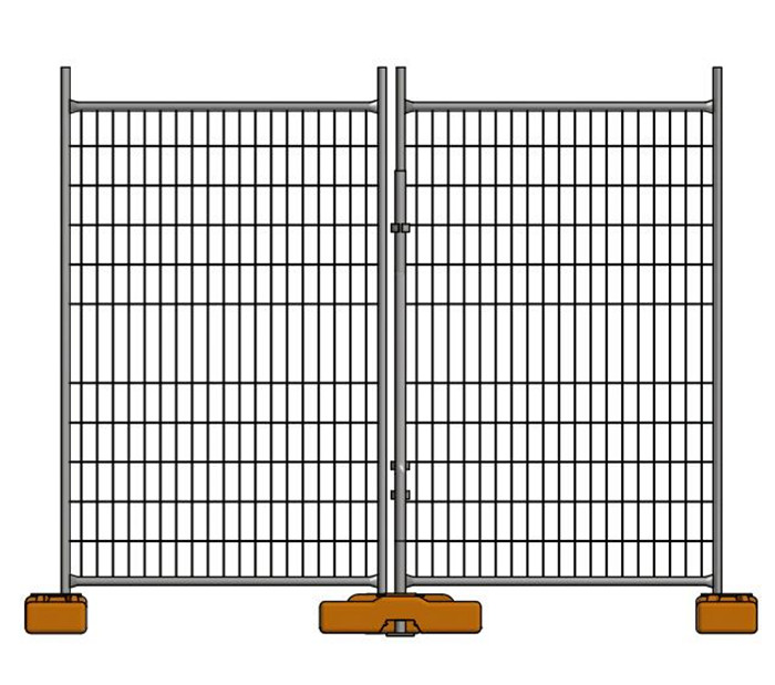 A drawing of temporary fencing panel installed with plastic feet